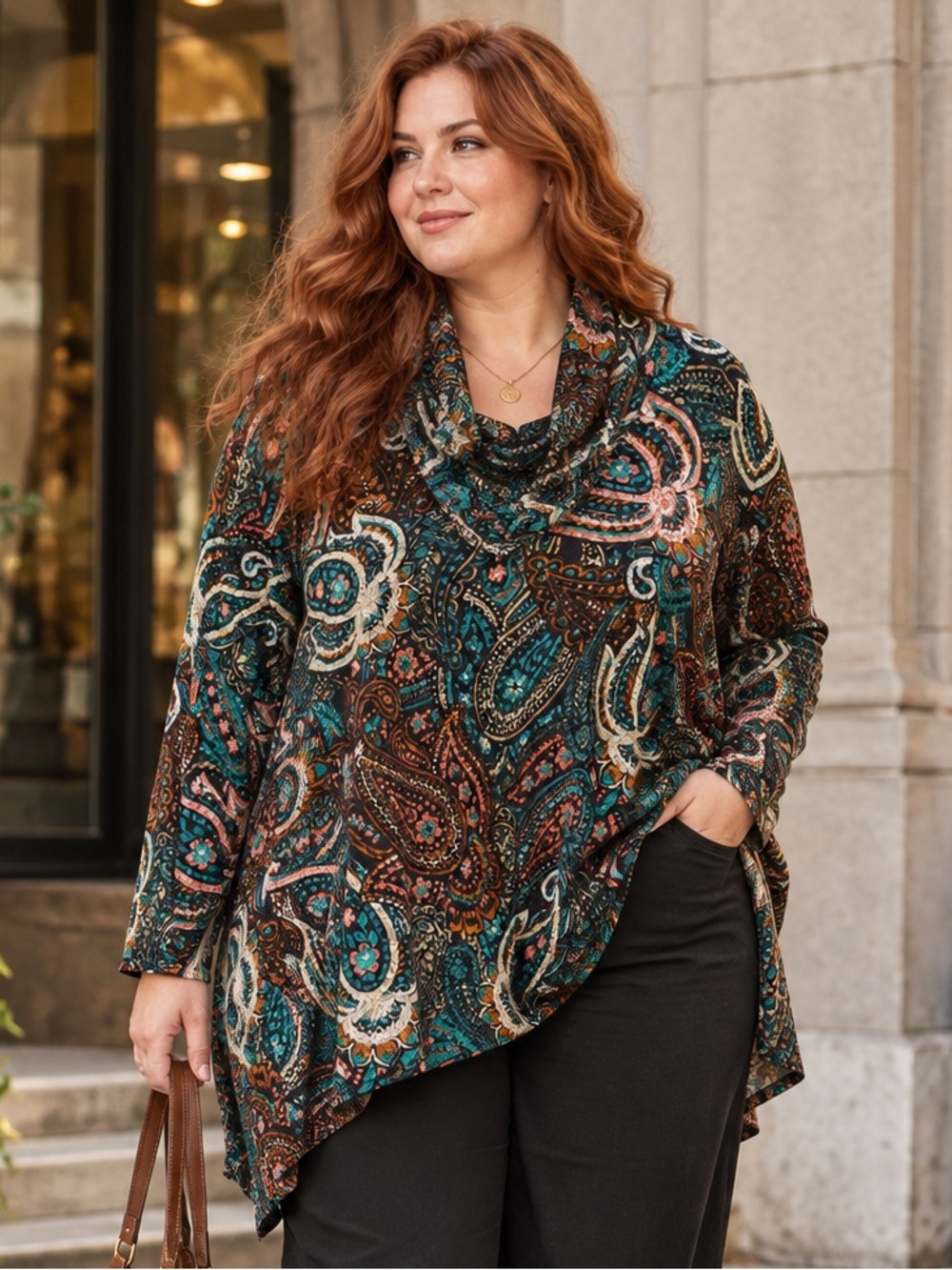 Ruby Rd Woman 2X Paisley Cowl Neck Tunic Top Boho Teal Rust Long Sleeve